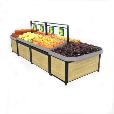 China Beautiful Design Fruit Shelves Supermarket Metal Free Standing Double Sided Display Wooden Fruit and Vegetable Display Rack For Grocery Store for sale