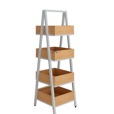 China Miniso Single Sided Wholesale Products Customized Free Standing 4 Tier Wooden Box Display Shelf Metal Cosmetic Display Rack Floor Rack for sale