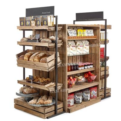 China Customized New Design Farmhouse Furniture Shop Eco-Friendly Farmhouse Center Display Rack Gondola Bakery Center Wooden Shelving for sale