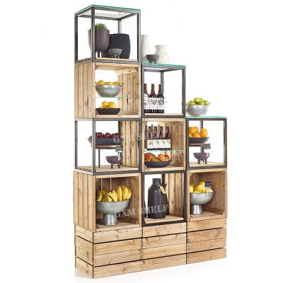 China GXM Supermarket Wine Crate Single Sided Heavy Duty Wall Display With Cubes Customized Metal And Wooden Wine Rack Cabinet Bar For Home for sale