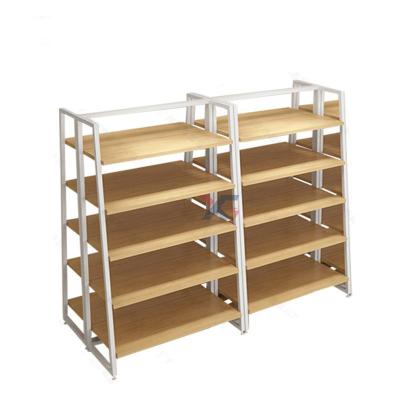 China Miniso products display rack boutique display gondola metal popular single-sided metal wooden rack customized skin care shelf makeup showcase for sale