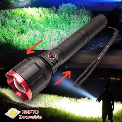 China Zoomable Led Camping XHP70 3000 Lumen 8400mAh Zoomable LED Torch Light Ultra Smart Self Defensive Rechargeable Flashlight for sale