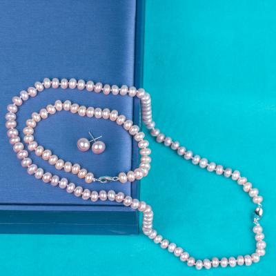 China 925 Silver Clasp Cute Real 6-7 Mm Button AAA Pearl Women's Natural Purple Natural Jewelry Necklace Set for sale