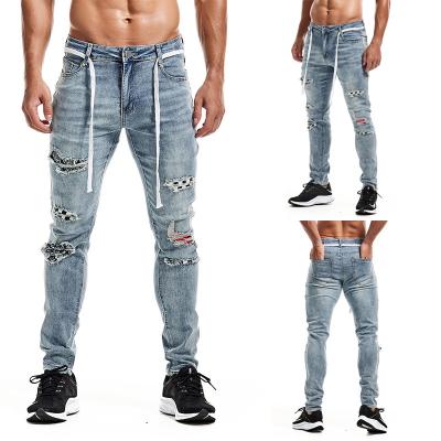 China Breathable Wholesale Custom Logo Washed Denim Pants Fashion Patch 2021 Fashion Pants Slim Fit Skinny Men's Ripped Jeans for sale