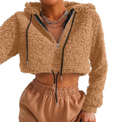 China Fashion ladies clothes wholesale hot sexy solid color zipper anti-pilling short fur hoodies for women for sale