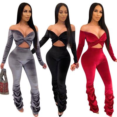 China Breathable Ladies Elegant Velvet Off Shoulder Long Sleeve Wide Leg Romper Women One Piece Jumpsuit for sale