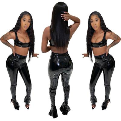 China Breathable Wholesale Ladies Fashion Solid Color Summer 2021 Sexy Tank Crop Top Women PU Two Piece Leather Sets for sale