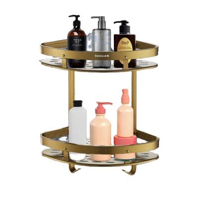 China Wholesale Durable And Stable Aluminum Double Row Rack Space Bathroom Shampoo Triangle Storage Shelf With Hook for sale