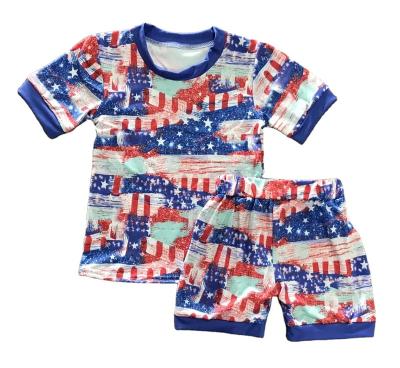 China RTS milk silk best selling boutique Independence Day red and blue printed jacket red and blue printed children's suit shorts clothing for sale