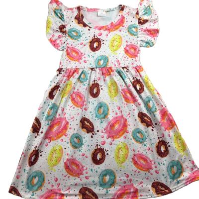 China Anti-wrinkle newborn baby clothes girl baby high fashion clothes with donut prints milk new pearl silk dress printing food party pattern skirt for sale