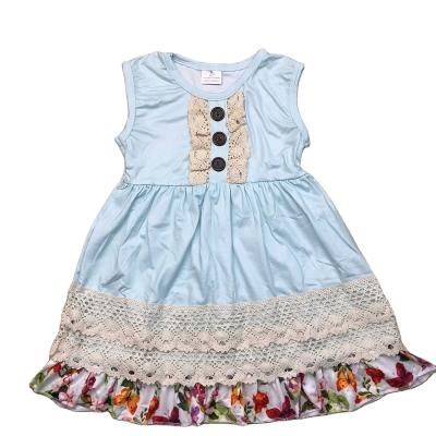 China Wholesale Hot Selling Anti-wrinkle Summer Dress Babies Colorful Button Design Sleeveless Blue Butterfly Lace Edge for sale