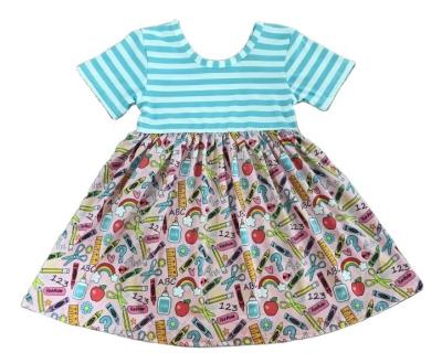 China Milk silk RTS best selling boutique back to school day summer children's dress blue wholesale cartoon print dress baby boutique dress for sale