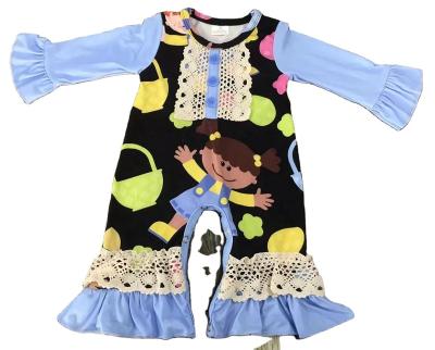 China Milk baby girl little romper silk cartoon printed blue long sleeves jumpsuit toddler girl clothes for sale