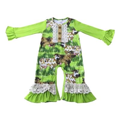 China New Design Milk Girl Little Boutique Baby Cartoon Boutique Green Silk Romper Printed Orange Long Sleeves Jumpsuit Toddler Girl Clothes for sale