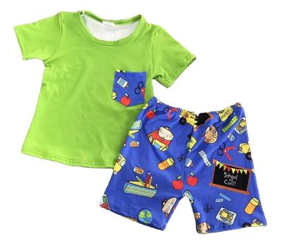 China Anti-Wrinkle Toddler Summer Boy Suit Short Sleeve Green and Blue Contrasting Color Cartoon Pattern for sale