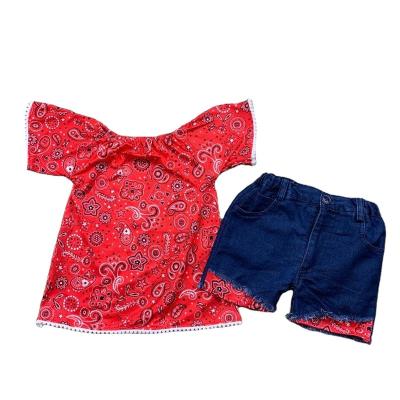 China Anti-wrinkle RTS Summer Children's Colorful Cute Girls' Short Sleeve Suit Pants, Lace Pleats, Red and Green Color for sale