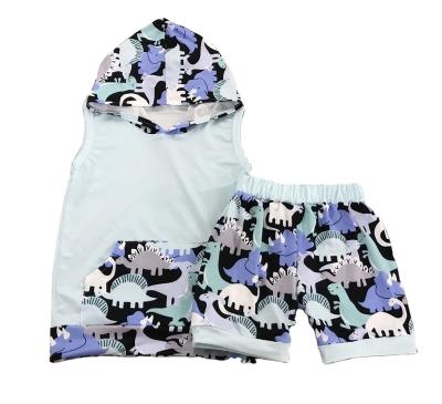 China Neutral Anti-wrinkle summer fashion children's suit boys two-piece set design hooded boutique and girls dinosaur wholesale for sale