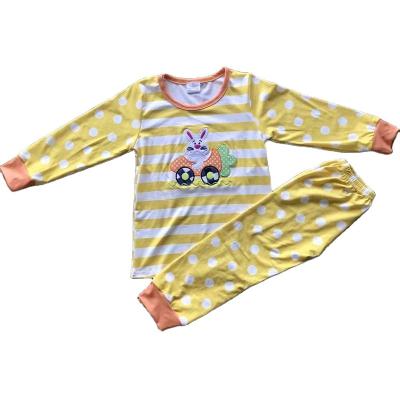 China Anti-wrinkle Easter Sale Summer Children's Hot Rabbit Embroidery Girls Short Sleeve Pajamas Yellow Set Wholesale Boutique Children for sale