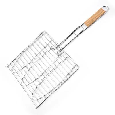 China Easily Cleaned BBQ Grill Basket with Wooden Handle Non-Stick BBQ Mesh for Grilling Fish Shrimp Meat for sale