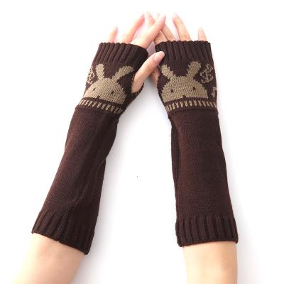 China Lovely Simple Cartoon Rabbit Animals Pattern Gloves For Women Long Warm Knitted Fingerless Gloves for sale