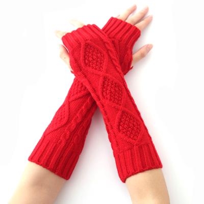 China Rhombus Pattern Single Arm Stretchy Long Sleeve Fingerless Gloves For Women Knitted Winter Glove Mittens for sale