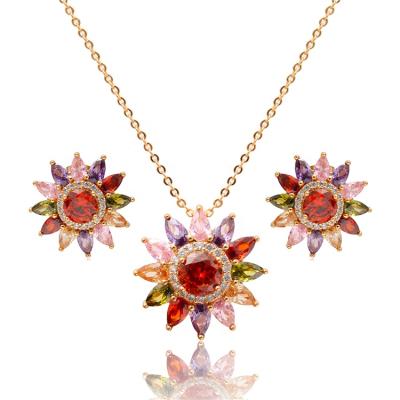 中国 FASHIONABLE Luxury Brazil Exaggerated Flower Diamond 24k Brass American Gold Plated Real Party Wedding Zirconia Colorful Jewelry Set 販売のため