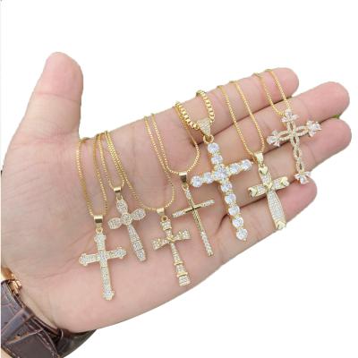 China Amazon Religious Hot Selling 18K Gold Plated Brass Zircon Copper Cross Pendant Necklace For Men for sale