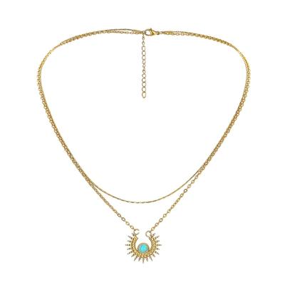 China Wholesale Stainless Steel Pendant Titanium Turquoise Sun Chain Gold Double Layer Gold Vintage Multilayer Necklace For Women for sale