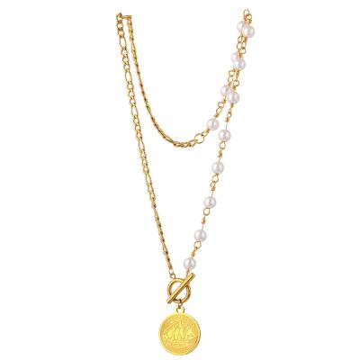 China TRENDY Fashion Chain Thick Stainless Steel Real Gold Plated Ot Buckle Navigation Pearl Gold Coin Necklace for sale