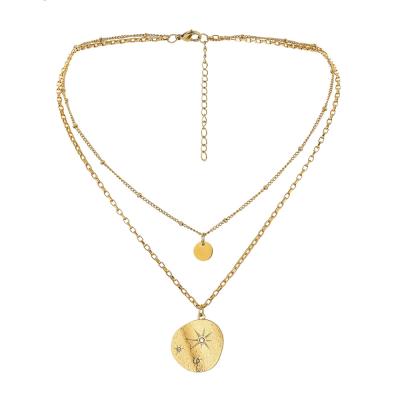 China Original Stylish Cheap Fashionable Stainless Steel Double Layer Gold Coin Star 18k Gold Plated Necklace For Women for sale