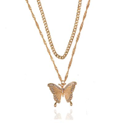 Китай Retro Fashion Style Diamond Butterfly Pendant Thick Chain Double Layered Necklace продается