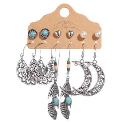 China BOHEMIA Bohemian Fashion Vintage Jewelry Alloy Turquoise Ethnic 6 Pair Sun Leaf Moon Drop Earrings Set Boho For Women for sale