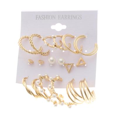 China Hot Selling Creative Vintage 12 PCS Retro Pearl Geometric Gold Earring Set With Map For Women for sale