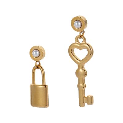 China FASHIONABLE New Design Asymmetric Key and Lock Stainless Steel Pendant Gold Plated Drop Earrings for sale