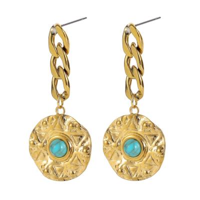 Cina New Trendy Retro Design Stainless Steel Gold Plated Coin Turquoise Drop Chain Earrings in vendita