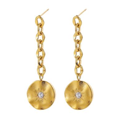 Κίνα Trendy Fashion Personality Design Non Tarnish Stainless Steel Coin Sun Gold Drop Chain Earrings For Women προς πώληση