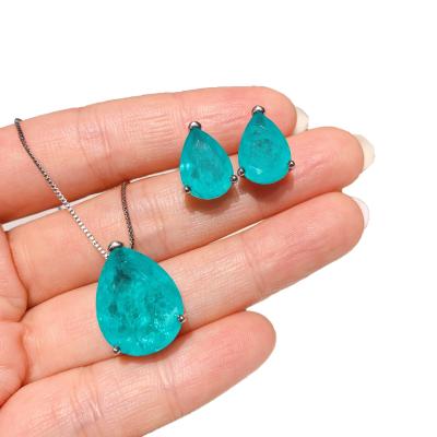 Cina Wholesale Vintage Simple Emerald Paraiba Pear Water Drop Shaped Necklace Earring Pendant Jewelry For Women in vendita