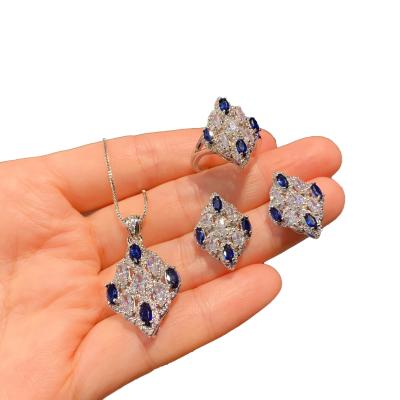 Cina High Quality Dark Blue Ring Necklace Women Jewelry Vintage Sapphire Stone Zircon Fashion Stud Earrings Pendant in vendita