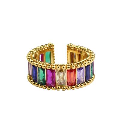 China Diamond Rainbow Cube Colorful Gold Multi Color Luxury Geometric Brass Zircon Ring For Women Latest Vintage Design for sale