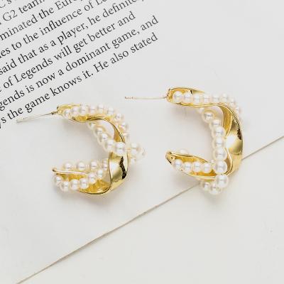 China French Korean Style Romantic Pearl Metal Semicircle Statistical Institute S925 Spiral Needle Circle Silver Earrings for sale