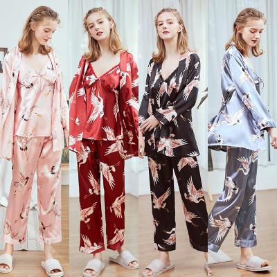 China QUICK DRY custom wear satin silk pajamas sleepwear set women silk pajamas with long sleeves and long pants for sale