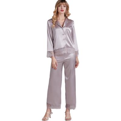 China Autumn Thin Ice Silk Plus Size QUICK DRY Spring Satin Set Long Pants Two Piece Pajamas for sale