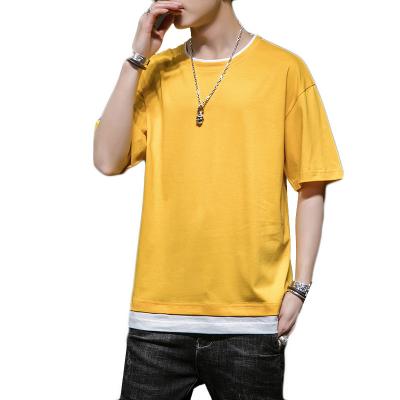 China Summer breathable short-sleeved pure cotton T-shirt solid color stitching new T-shirt Half-wrapped round neck loose bottoming top men for sale