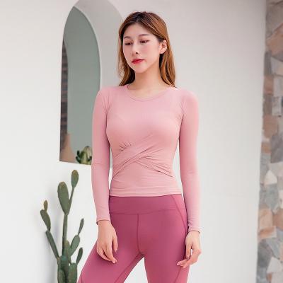 China New Autumn And Winter Cross Belly Neck Dance Yoga Clothes Fitness Running Breathable Female Training Top Sports Round Long Sleeve T-shirt for sale