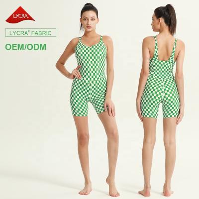 China Women High Stretch Soft Summer Jumpsuit Breathable Backless Check Printing Dance Overalls, Playsuits and Yoga Fitness Jumpsuits for sale