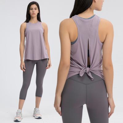 China Breathable Ropa Mujer Deportiva Tops Solid Color Women's Yoga Shirt Loose Sleeveless Yoga T-shirt Gym Custom Active Wear Ladies T-shirt for sale