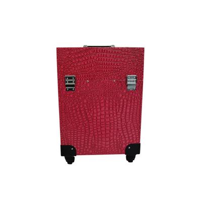 China NATIONAL Large capacity makeup trolley display makeup portable red rolling bling case for sale