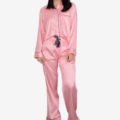 China Women Thermal Luxury Sleepwear 2 Piece Long Pink Silk Pajamas Sleeves Night Wear Pajamas Sets for sale