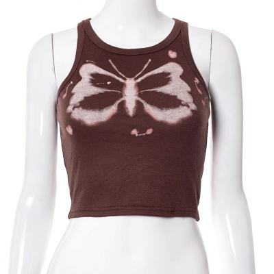 China 2021 new women's thin round neck butterfly female t-shirt CSI viable European and American printing sleeveless navel spots for sale