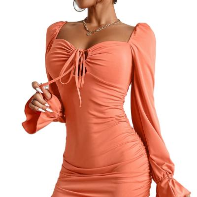 China Hot Selling Anti-Wrinkle Lace-Up Lantern Long Sleeve Ruffled Hip Wrapped Bodycon Prom Dresses Evening Dress Formal Dress for sale